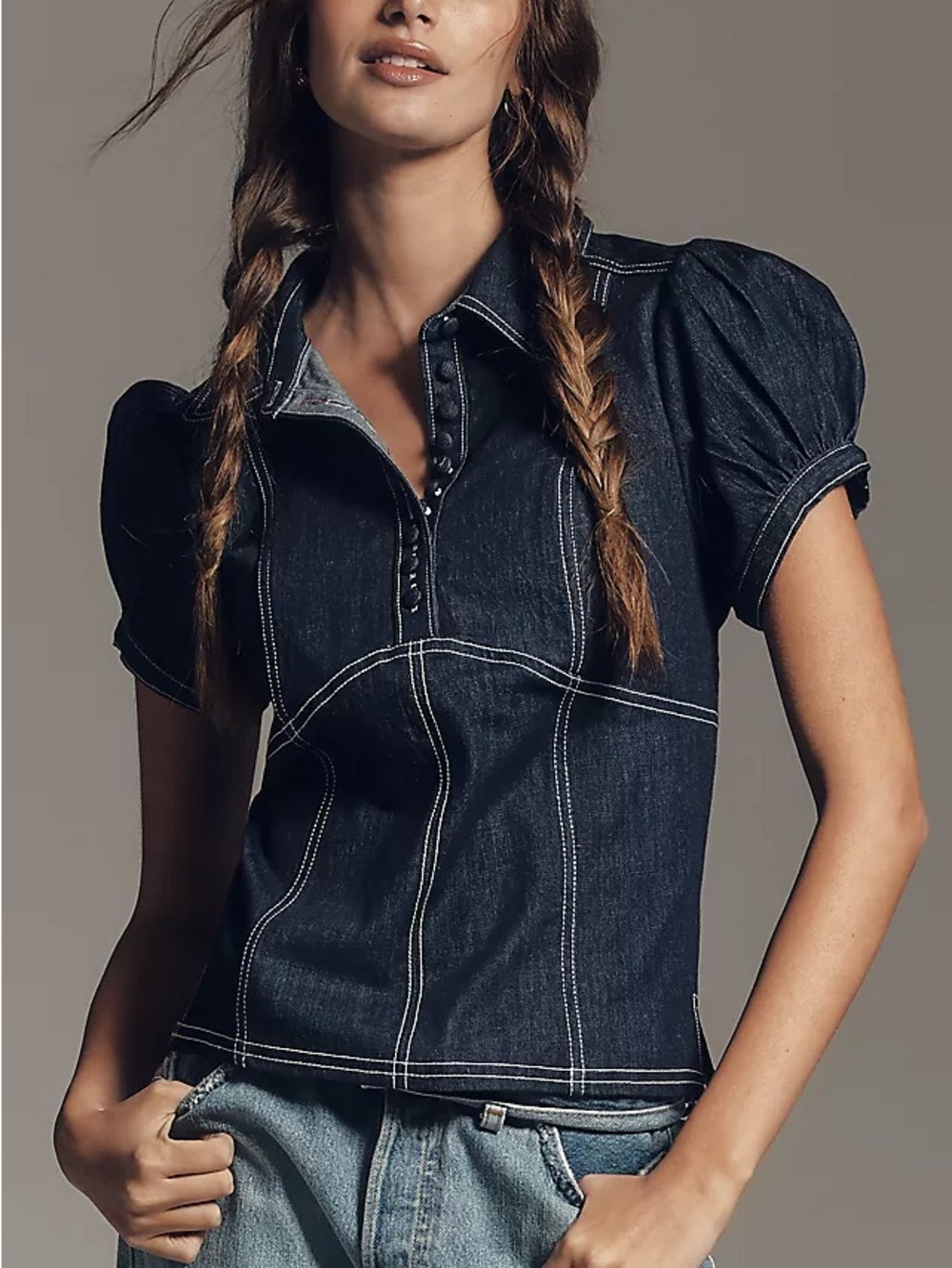 Anthropologie Pilcro Denim Puff Sleeve Top - Picture 1 of 7